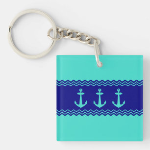 Coastal Turquoise Blue Stripe Anchor Nautical Keychain