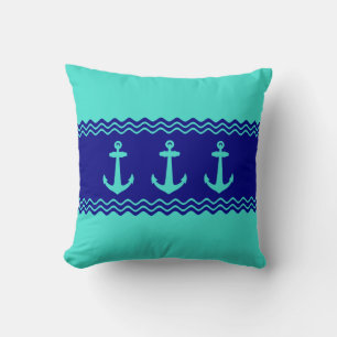 Coastal Turquoise Blue Stripe Anchor Nautical Throw Pillow