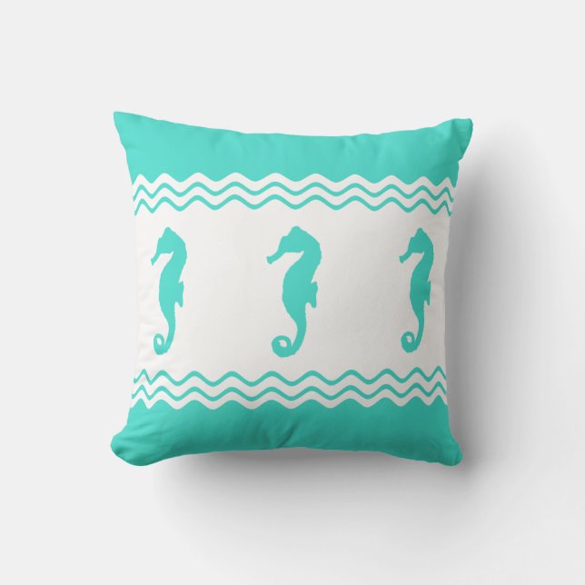 Coastal Turquoise White Ocean Seahorses Throw Pillow (Front)