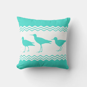 Coastal Turquoise White Sandpiper Birds Pattern Throw Pillow