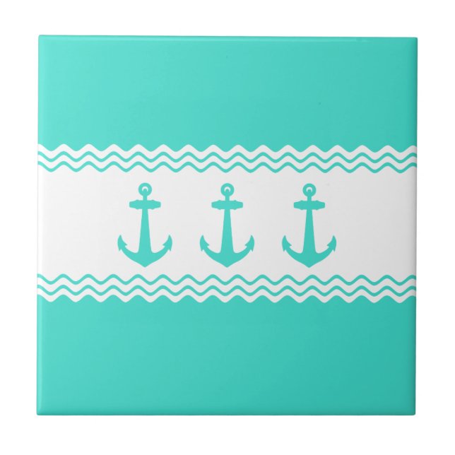 Coastal Turquoise White Stripe Anchor Nautical Ceramic Tile (Front)