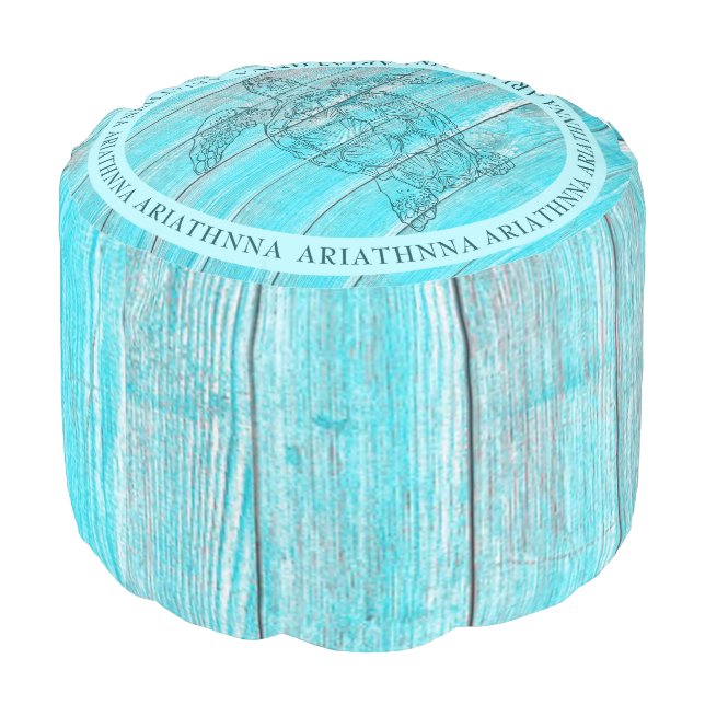 Coastal Turtle Rustic Wood Pouf (Angled Back)