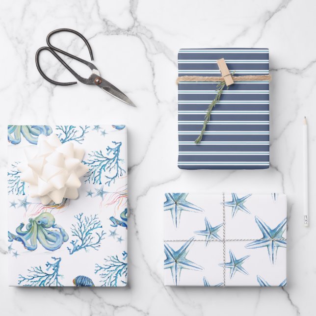 Coastal Under The Sea Watercolor Wrapping Paper Sheets (Front)