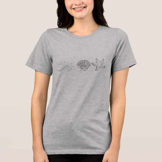 "Coastal Vibes - Wave, Shell & Starfish Line Art" Tri-Blend Shirt (Front)