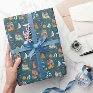 Coastal Village Blue Baby Shower Party Wrapping Paper