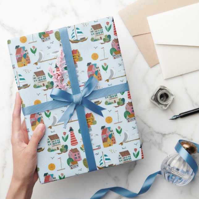 Coastal Village Blue Baby Shower Party Wrapping Paper (Gifting)