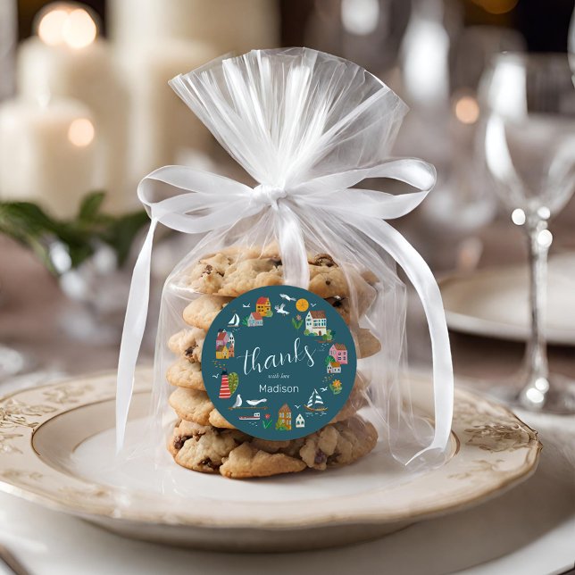 Coastal Village Blue Boy Nautical Baby Shower Classic Round Sticker (Coastal Village Blue Boy Nautical Baby Shower Classic Round Sticker)