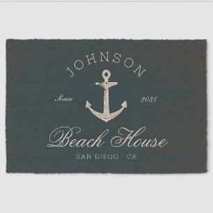 Coastal Vintage Beach House Anchor Navy Blue Fiber Doormat