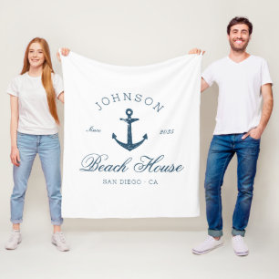 Coastal Vintage Beach House Anchor Navy Blue Fleece Blanket