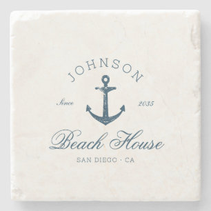 Coastal Vintage Beach House Anchor Navy Blue Stone Coaster