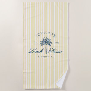Coastal Vintage Beach House Palm Tree Blue Stripes Towel