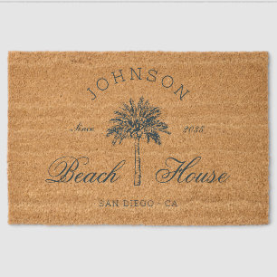 Coastal Vintage Beach House Palm Tree Navy Blue Fiber Doormat