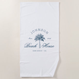 Coastal Vintage Beach House Palm Tree Navy Blue  Towel