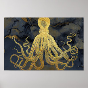 Coastal Vintage Gold Black Octopus Ink Watercolor Poster