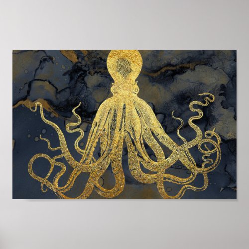 Coastal Vintage Gold Black Octopus Ink Watercolor Poster
