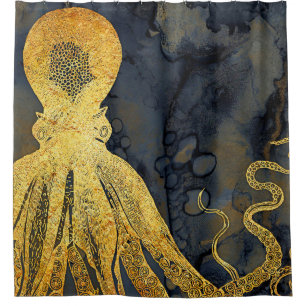 Coastal Vintage Gold Black Octopus Ink Watercolor Shower Curtain