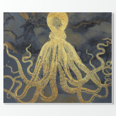 Coastal Vintage Gold Black Octopus Ink Watercolor Wrapping Paper (Flat)