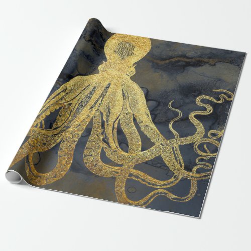 Coastal Vintage Gold Black Octopus Ink Watercolor Wrapping Paper