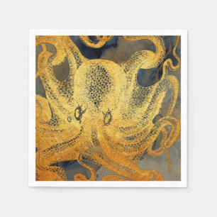 Coastal Vintage Gold Blue Black Octopus Watercolor Napkins