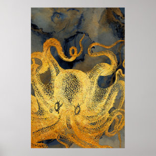 Coastal Vintage Gold Blue Black Octopus Watercolor Poster