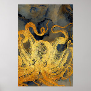 Coastal Vintage Gold Blue Black Octopus Watercolor Poster