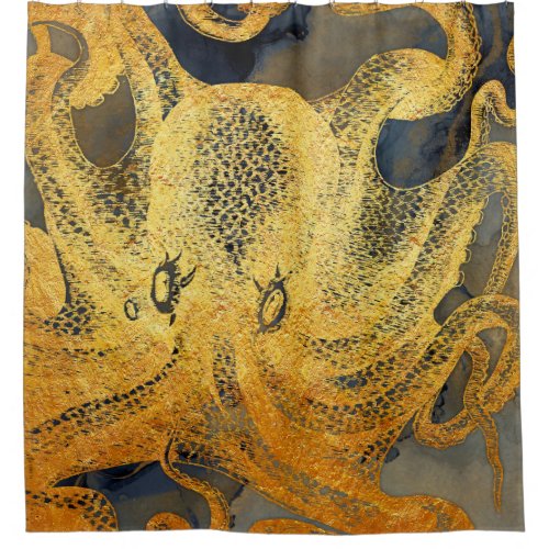 Coastal Vintage Gold Blue Black Octopus Watercolor Shower Curtain