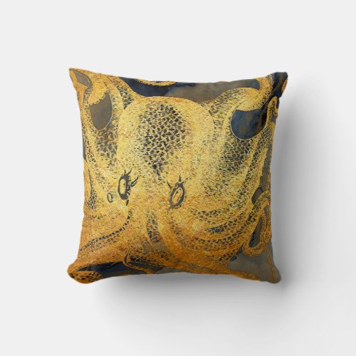 Coastal Vintage Gold Blue Black Octopus Watercolor Throw Pillow