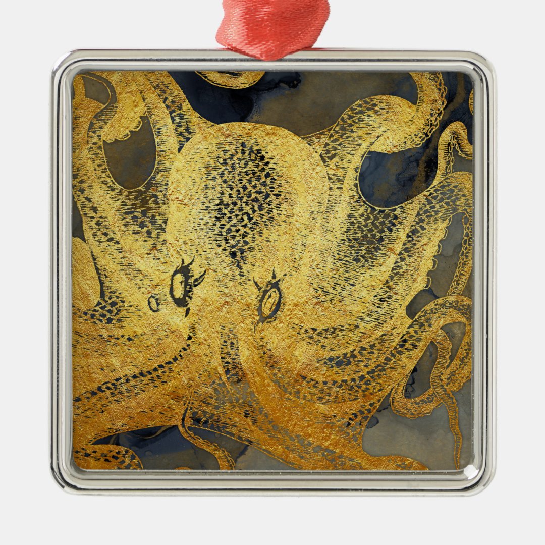 Coastal Vintage Gold Octopus Nautical Watercolor Metal Ornament