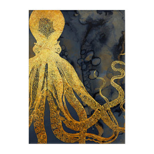 Coastal Vintage Octopus Gold Black Blue Watercolor Acrylic Print