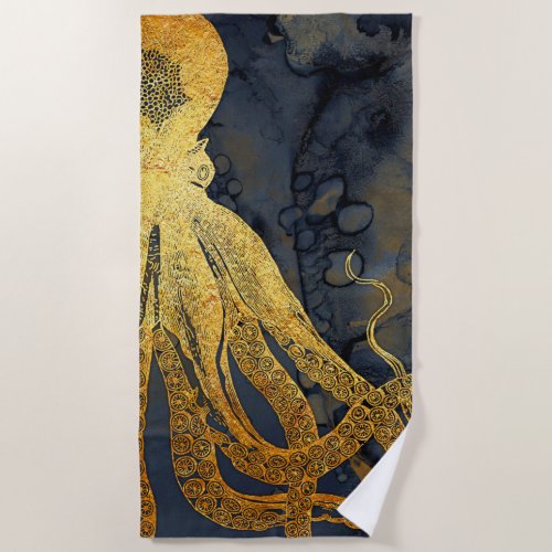 Coastal Vintage Octopus Gold Black Blue Watercolor Beach Towel