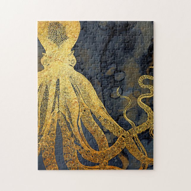 Coastal Vintage Octopus Gold Black Blue Watercolor Jigsaw Puzzle (Vertical)