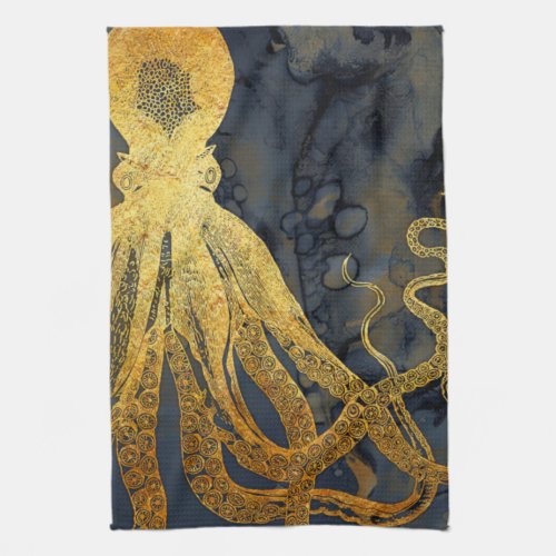 Coastal Vintage Octopus Gold Black Blue Watercolor Kitchen Towel