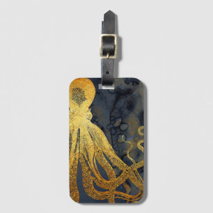 Coastal Vintage Octopus Gold Black Blue Watercolor Luggage Tag