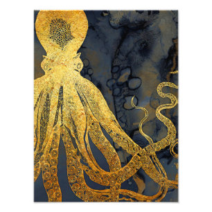 Coastal Vintage Octopus Gold Black Blue Watercolor Photo Print