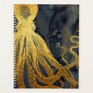Coastal Vintage Octopus Gold Black Blue Watercolor Planner