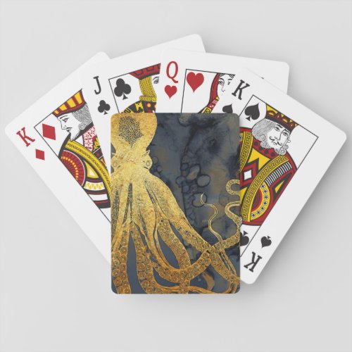 Coastal Vintage Octopus Gold Black Blue Watercolor Poker Cards