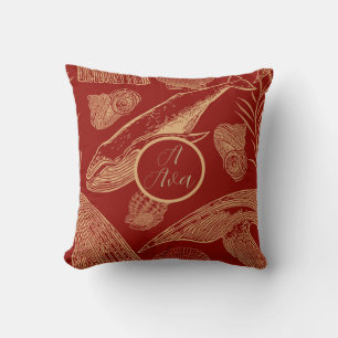 Coastal Vintage Whale, Nursery, Red Throw Pillow