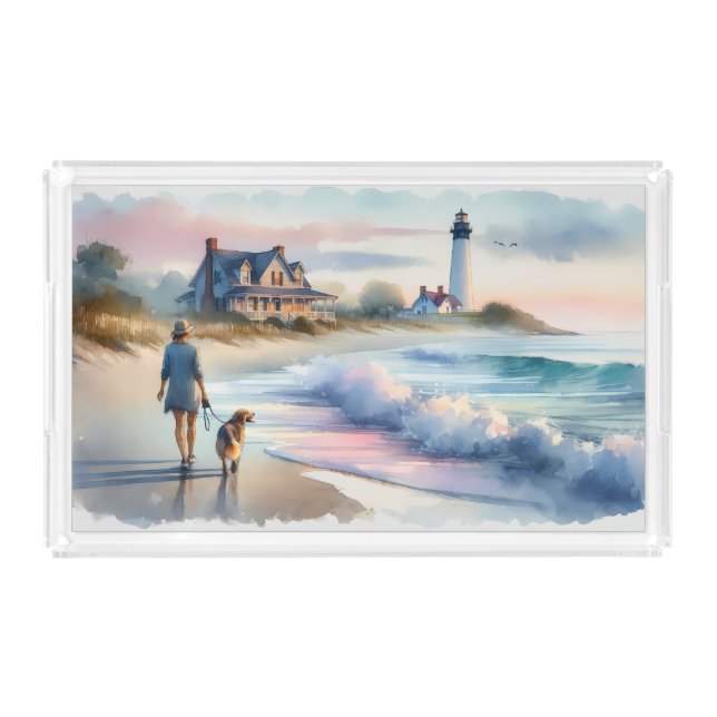 Coastal Walk to Lighthouse at Sunset Acrylic Tray (Front)