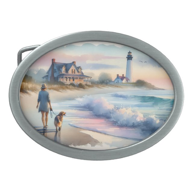 Coastal Walk to Lighthouse at Sunset Belt Buckle (Front)