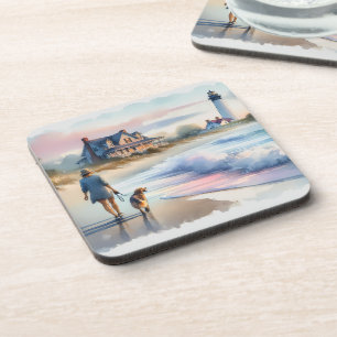 Coastal Walk to Lighthouse at Sunset Beverage Coaster