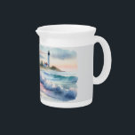 Coastal Walk to Lighthouse at Sunset Beverage Pitcher<br><div class="desc">This dreamy coastal artwork captures a tranquil moment at the shoreline, where a woman strolls barefoot with her dog, the soft pastel tones of the setting sun casting a warm glow on the sand and sea. A charming beach house sits nestled among windswept grasses, its porch inviting and timeless, while...</div>