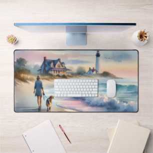 Coastal Walk to Lighthouse at Sunset Desk Mat