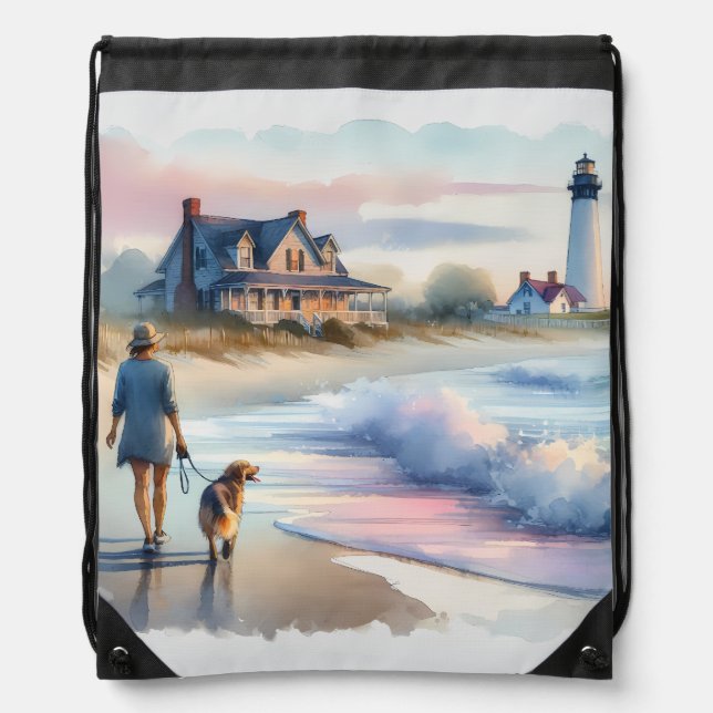 Coastal Walk to Lighthouse at Sunset Drawstring Bag (Front)