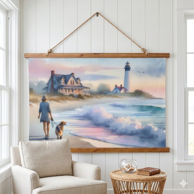 Coastal Walk to Lighthouse at Sunset Hanging Tapestry (Coastal Walk to Lighthouse at Sunset Hanging Tapestry)