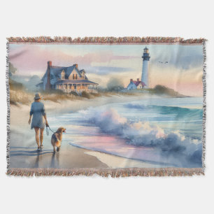 Coastal Walk to Lighthouse at Sunset Throw Blanket