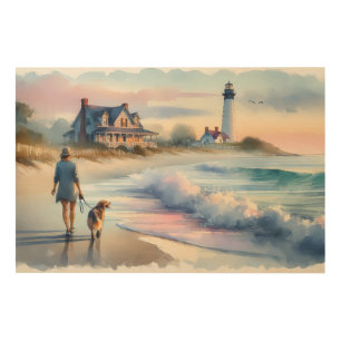 Coastal Walk to Lighthouse at Sunset Wood Wall Art