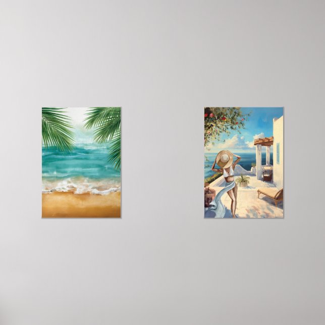 Coastal Wall Art | Mediterranean Woman Seaside  Wall Art Sets (Front)
