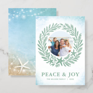 Coastal Watercolor Beach Christmas Wreath Holiday Letterpress Photo Cards