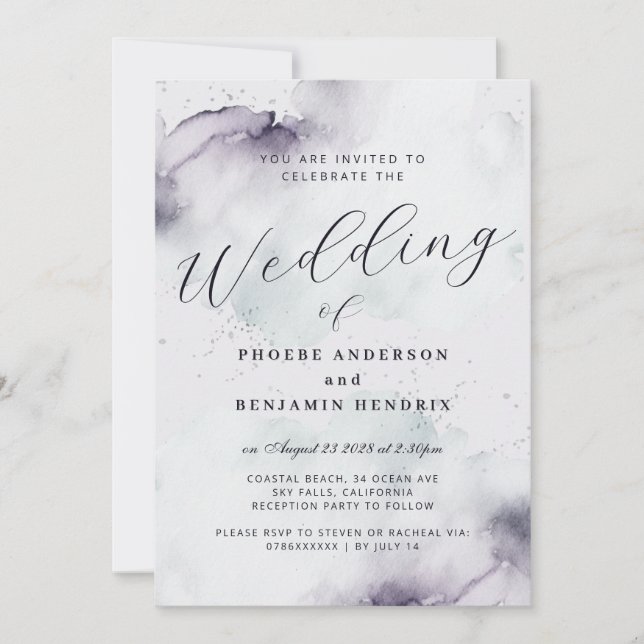 Coastal Watercolor Blue Elegant Wedding  Invitation (Front)