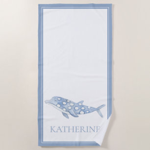 Coastal Watercolor Blue Polka Dot Dolphin Beach Towel